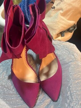 Madison Fuchsia Pointed-Toe Ankle-Tie Suede Heels